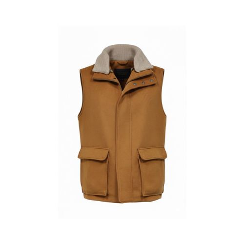 Fabric Vest with Cotton Lining and Fur Rex Rabbit with High Neck-0125- Cinnamon