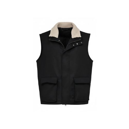 Fabric Vest with Cotton Lining and Fur Rex Rabbit with High Neck-0125- Black
