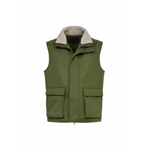 Fabric Vest with Cotton Lining and Fur Rex Rabbit with High Neck-0125- Green