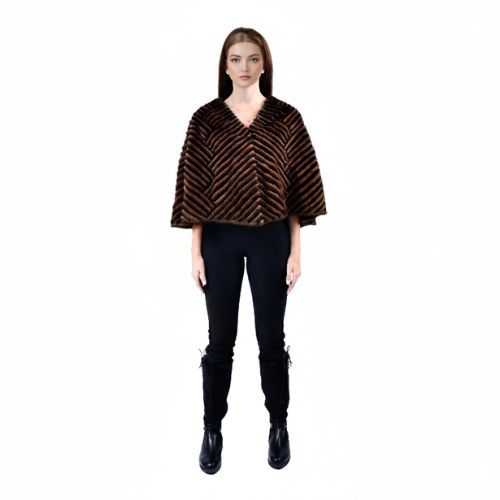 Cape With Mink And Rex Rabbit Fur - Length 55cm -  1-53 - 0512 - Black and Coffee