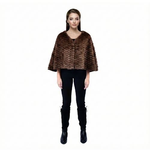 Cape With Mink And Rex Rabbit Fur - Length 55cm -  1-53A - 0513 - Coffee