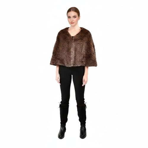 Cape With Mink And Rex Rabbit Fur - Length 55cm - 1-53B - 0514 - Coffee