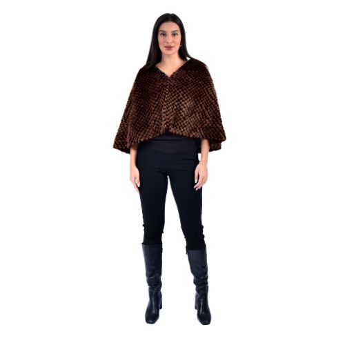 Cape With Mink And Rex Rabbit Fur - Length 55cm - 1-53B - 0514 - Black and Coffee