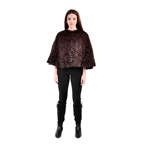 Cape With Mink And Rex Rabbit Fur - Length 54cm - 1-54 - 0515 - Black and Coffee