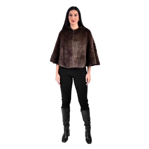 Cape With Mink And Rex Rabbit Fur - Length 54cm - 1-54 - 0515 - Coffee