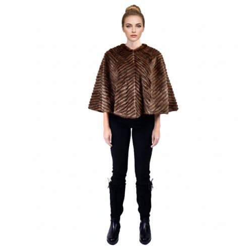 Cape With Mink And Rex Rabbit Fur - Length 54cm - 1-54B - 0516 - Coffee