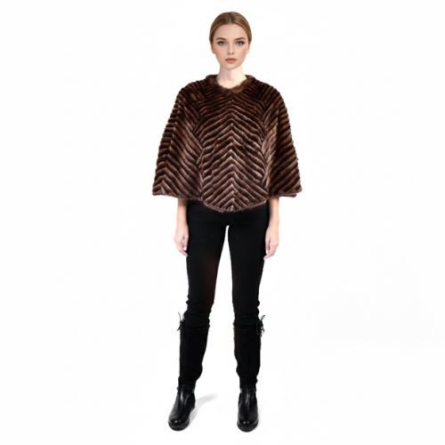 Cape With Mink And Rex Rabbit Fur - Length 54cm - 1-54B - 0516 - Black And Coffee