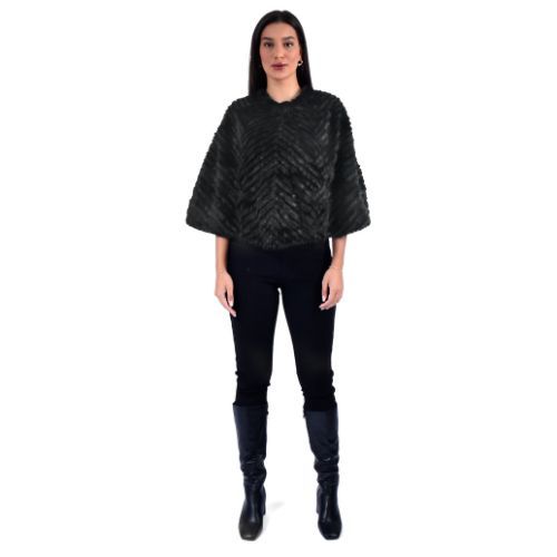 Cape With Mink And Rex Rabbit Fur - Length 54cm - 1-54B - 0516 - Black