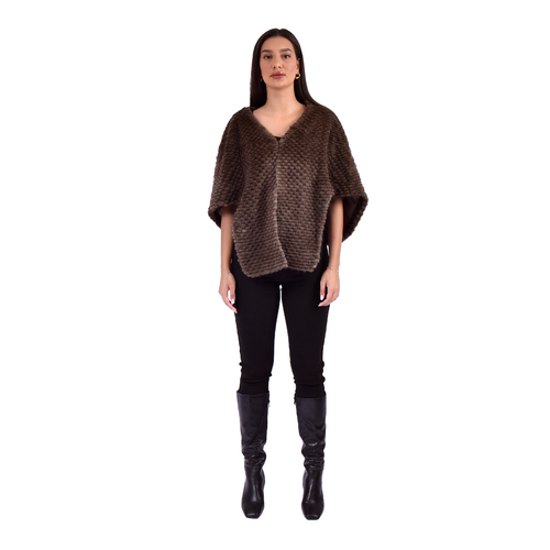 Cape With Mink And Rex Rabbit Fur - Length 52cm - 1-52 - 0518 - Coffee