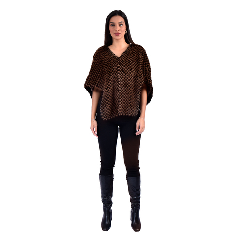 Cape With Mink And Rex Rabbit Fur - Length 52cm - 1-52 - 0518 - Black and Coffee