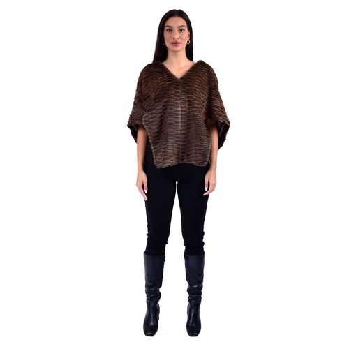 Cape With Mink And Rex Rabbit Fur - Length 52cm - 1-52A - 0519 - Coffee