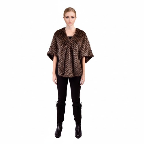Cape With Mink And Rex Rabbit Fur - Length 52cm - 1-52B - 0520 - Coffee
