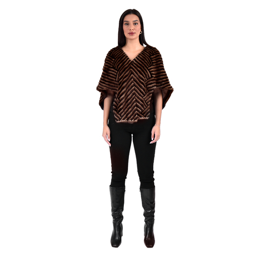 Cape With Mink And Rex Rabbit Fur - Length 52cm - 1-52B - 0520 - Black and Coffee