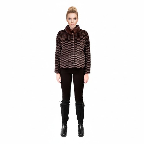 Jacket With Mink And Rex Rabbit Fur - Length 55cm - TP1187-1 - 0521 - Black and Coffee