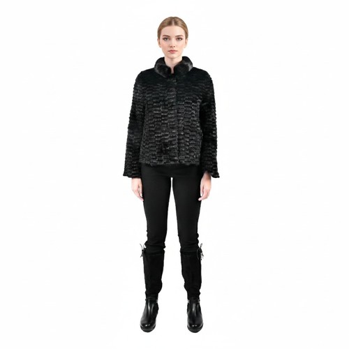Jacket With Mink And Rex Rabbit Fur - Length 55cm - TP1187-1 - 0521 - Black