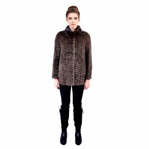 Jacket With Mink And Rex Rabbit Fur - Length 70cm - 5477C-7 - 0522 - Coffee
