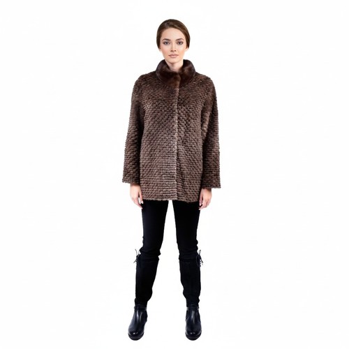 Jacket With Mink And Rex Rabbit Fur - Length 70cm - 5477C-1 - 0523 - Coffee