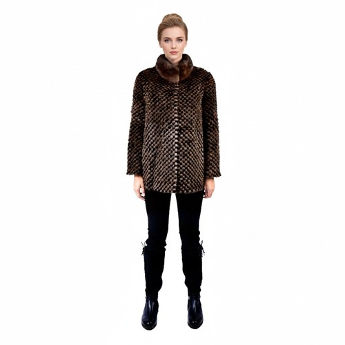 Jacket With Mink And Rex Rabbit Fur - Length 70cm - 5477C-1 - 0523 - Black and Coffee