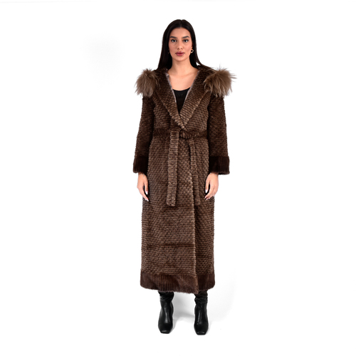 Jacket With Mink And Rex Rabbit Fur With Fox Fur Hood - 135cm -5477C- 0525 - Coffee