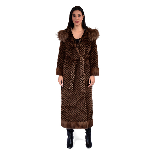 Jacket With Mink And Rex Rabbit Fur With Fox Fur Hood - 135cm -5477C- 0525 - Black and Coffee