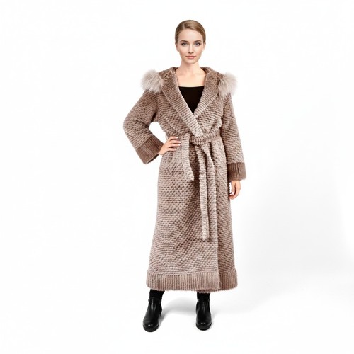 Jacket With Mink And Rex Rabbit Fur With Fox Fur Hood - 135cm -5477C- 0525 - Champagne