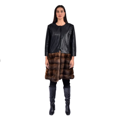 Leather Jacket With Sable Fur - Length 85cm - A0037 - Black