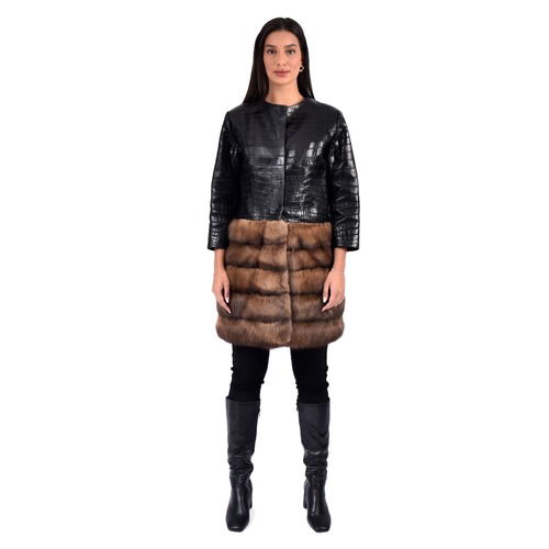 Leather Jacket With Sable Fur - Length 85cm - A0037 - Black