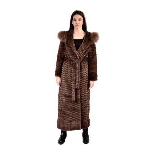 Jacket With Mink And Rex Rabbit Fur With Fox Fur Hood - 135cm -5477B- 0526 - Coffee