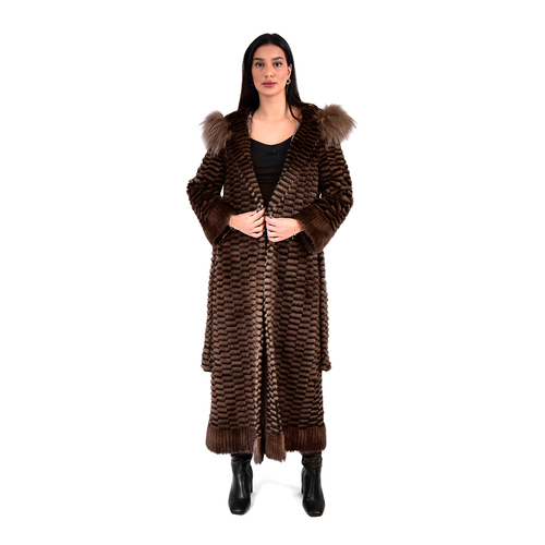 Jacket With Mink And Rex Rabbit Fur With Fox Fur Hood - 135cm -5477B- 0526 - Champagne