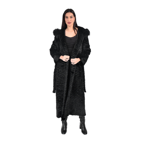 Jacket With Mink And Rex Rabbit Fur With Fox Fur Hood - 135cm -5477B- 0526 - Black