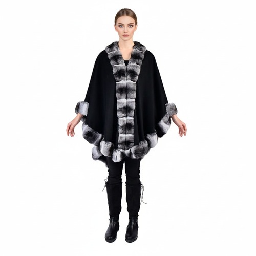 Cashmere Cape With Chinchilla Fur Argentina&nbsp;-&nbsp;Length 100cm - 0601