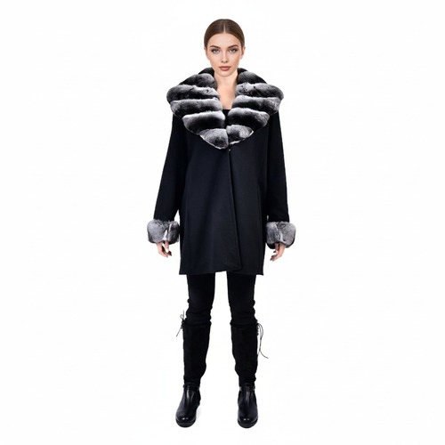 Cashmere Jacket With Wide Collar & Chinchilla Fur Argentina - Length 85cm - 0602