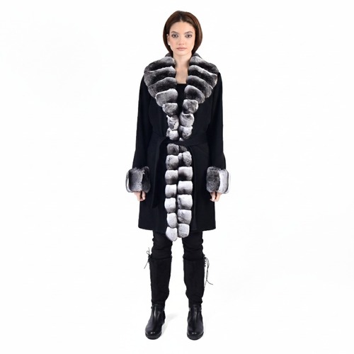 Fabric Jacket With Wide Collar Straight Line Chinchilla Fur Argentina 100 cm - 06021