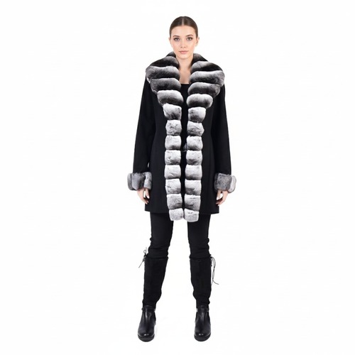 Fabric Jacket With Wide Collar Straight Line Chinchilla Fur Argentina - 85cm - 06021