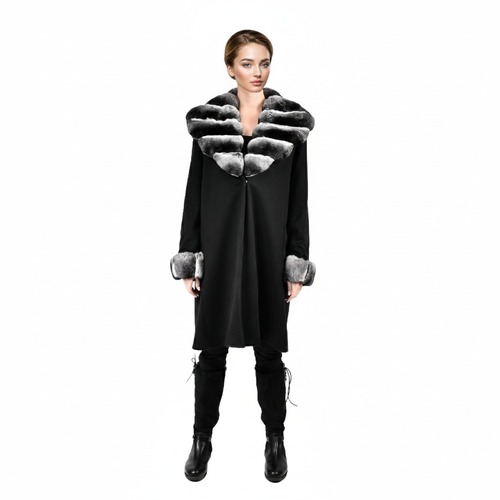 Cashmere Jacket With Wide Collar & Chinchilla Fur Argentina - Length - 100cm - 0602