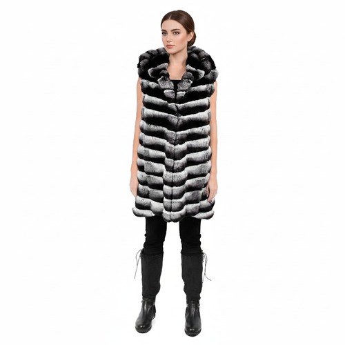 Vest With Hood With Chinchilla Fur - Length 85cm - 0611 - Black