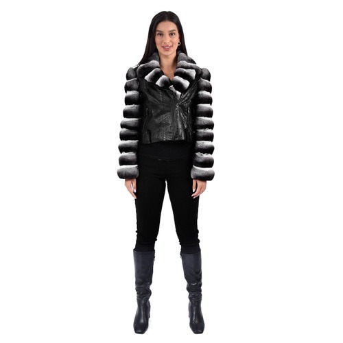 Leather Python Jacket With Chinchilla Fur - Length 55cm - 0614