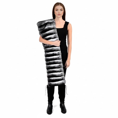 Scarf With Chinchilla Fur - Length 20cm to 180cm  - 0604 - Black and White