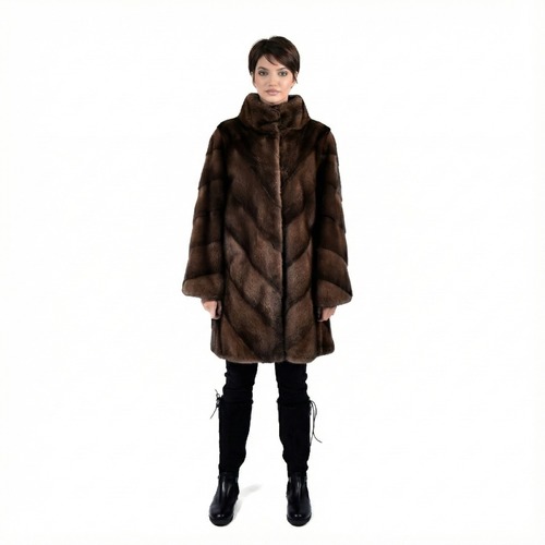 Jacket With Mink Fur - Length 90cm - 0647 - Brown