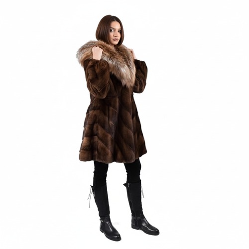 Jacket With Mink Fur And Fox Fur Hood - Length 85cm - 0667 - Brown
