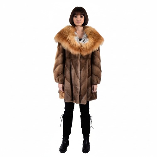 Jacket With Mink Fur And Fox Fur Hood - Length 85cm - 0667 - Coffee