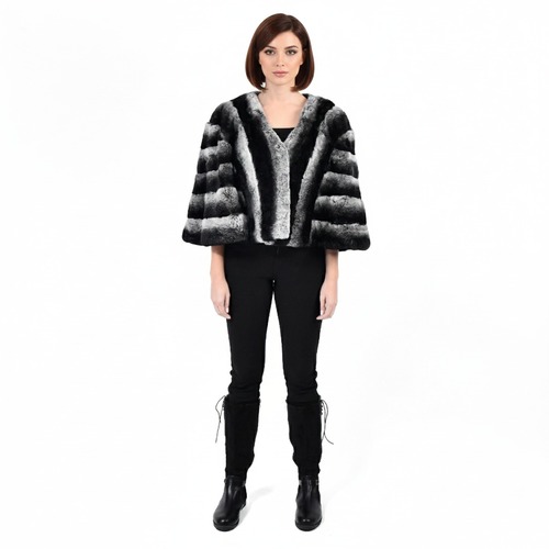 Cape With Rex Rabbit Fur - 0203 - Black and White