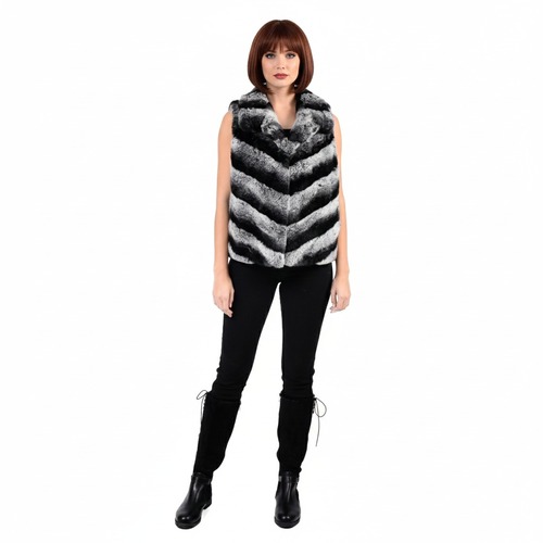 Vest With Rex Rabbit Fur - Length 55cm - 0205 - Black