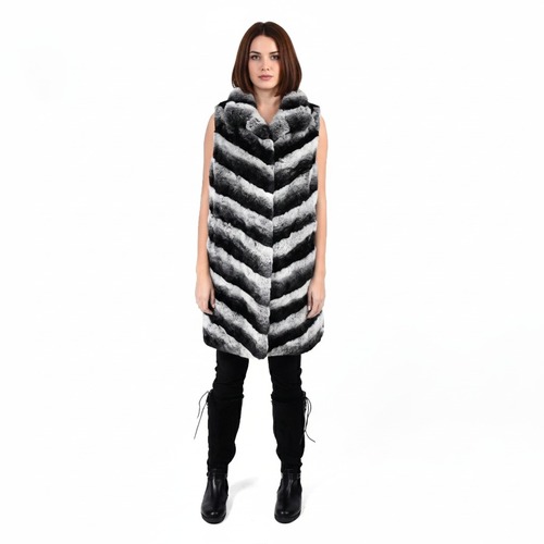 Vest With Rex Rabbit Fur - Length 85cm - 0206 - Black