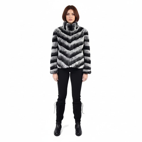 Classic Jacket With Rex Rabbit Fur - Length 55cm - 0207 - Black