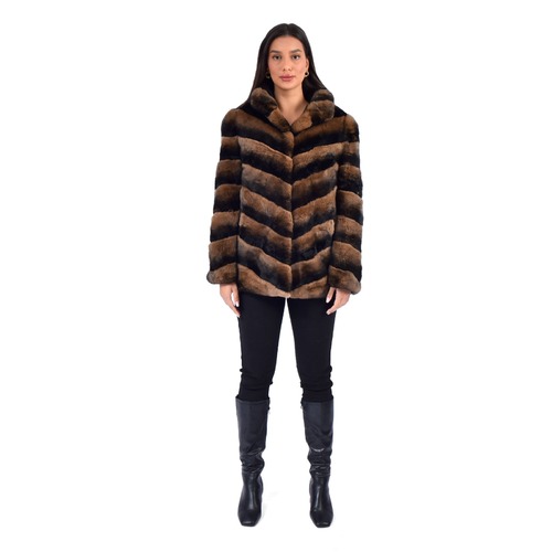 Classic Jacket With Rex Rabbit Fur - Length 70cm - 0208 - Brown