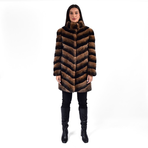 Classic Jacket With Rex Rabbit Fur - Length 85cm - 0209 - Brown