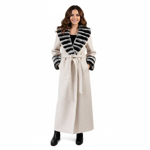 Cashmere Jacket With Wide Collar & Rex Rabbit Fur Styled Chinchilla Argentina -135cm-02222-Off White