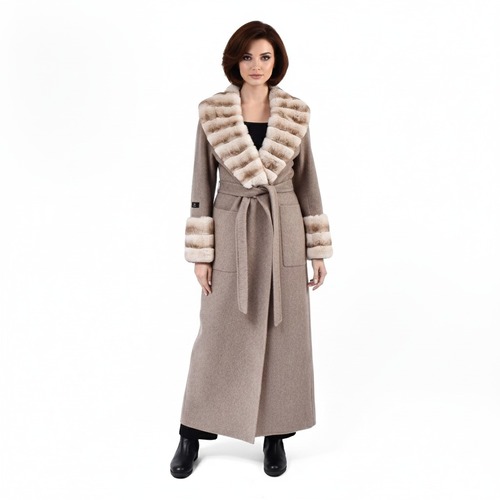 Cashmere Jacket With Wide Collar & Rex Rabbit Fur Styled Chinchilla Argentina -135cm-02222-Beige