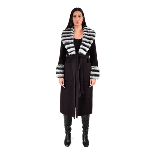 Cashmere Jacket With Wide Collar & Rex Rabbit Fur Styled Chinchilla Argentina -115cm-02233-Brown